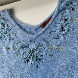 Belldini Blue Plush Sweater with Floral Embroidery & Gem Details